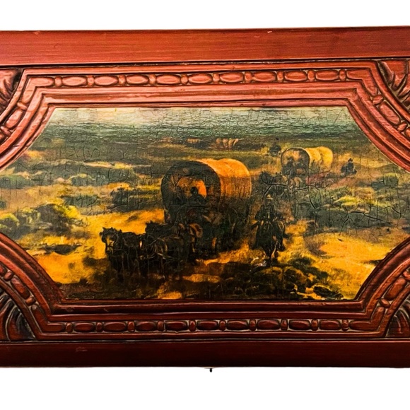 Antique Hand Carved Wooden Western Scene Covered Wagons & Cowboys Keepsake Box - Picture 11 of 11